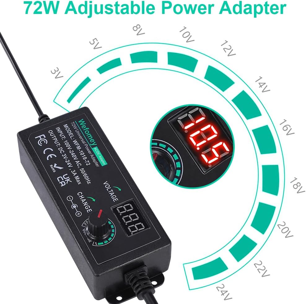 Universal Power Supply 3V~24V 3A 72W Adjustable Variable 3V 5V 9V 12V 18V 20V 24V AC/DC Adapter Charger, 100V-240V AC to DC Converter with 14 Tips, Polarity Converter and 4-Way Power Splitter Cable - Image 2