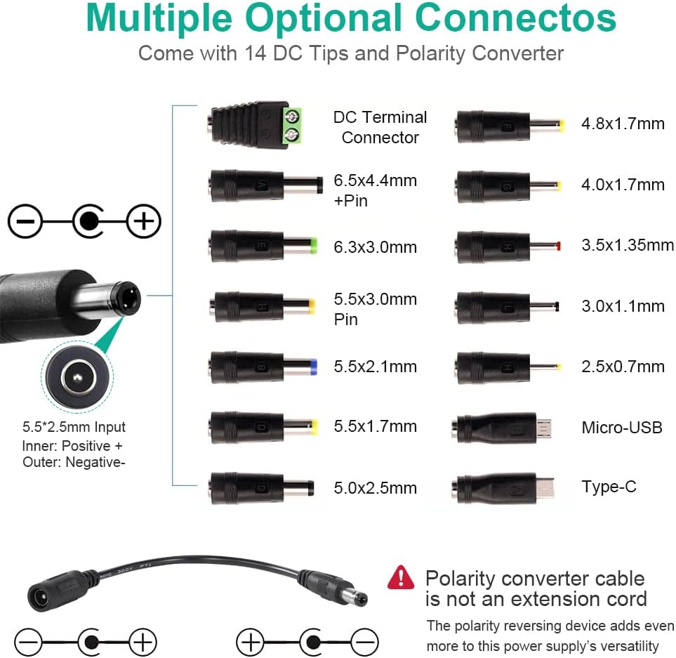 Universal Power Supply 3V~24V 3A 72W Adjustable Variable 3V 5V 9V 12V 18V 20V 24V AC/DC Adapter Charger, 100V-240V AC to DC Converter with 14 Tips, Polarity Converter and 4-Way Power Splitter Cable - Image 5