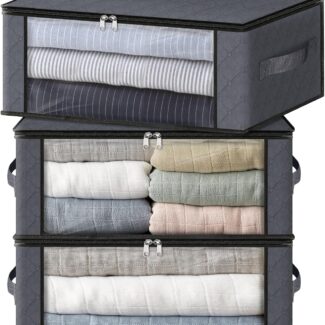 HomeHacks Storage 3-Pack Clothes Organizer Storage Bags Foldable Storage Box with Large Clear Window Sturdy Handles for Closet, Dorm, Pillows, Bedding, Clothes, Blankets, 35L, Gray